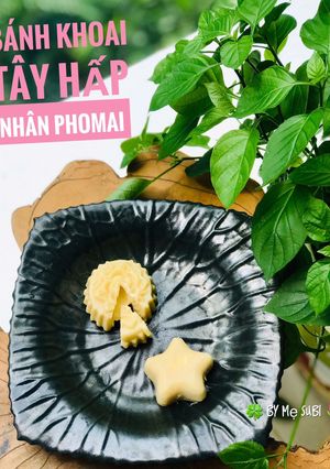 Hình của món Ăn dặm- bánh khoai tây hấp nhân phomai mè đen.