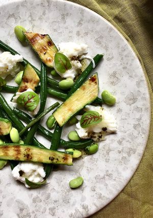 A picture of Warm Summer Salad with a mint and honey dressing.