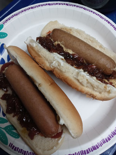 A picture of Hotdog with Onion Bacon Jam.