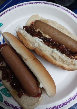 A picture of Hotdog with Onion Bacon Jam.