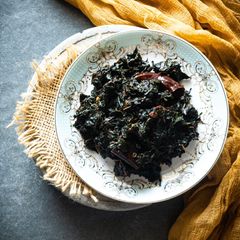 A picture of लाल साग/Red amaranth stir-fry.