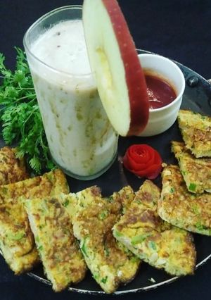 A picture of Oats Omelette with Apple Oats Honey Smoothie.