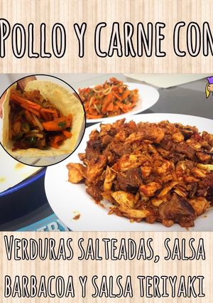Una foto de Carne y pollo con verduras salteadas con barbacoa o teriyaki