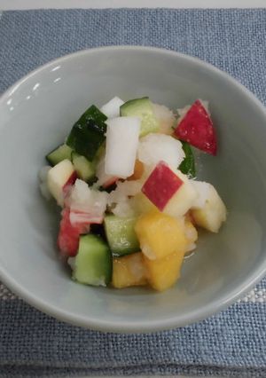 A picture of Snow “Namasu” with Crab-Flavored Seafood, Vegetables and Fruits.
