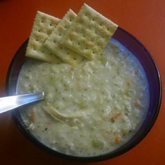 A picture of creamy chicken rice soup.