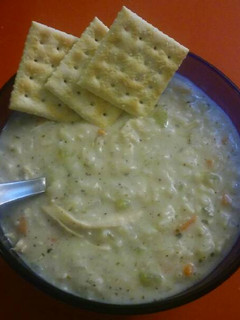 A picture of creamy chicken rice soup.