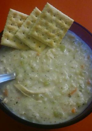 A picture of creamy chicken rice soup.