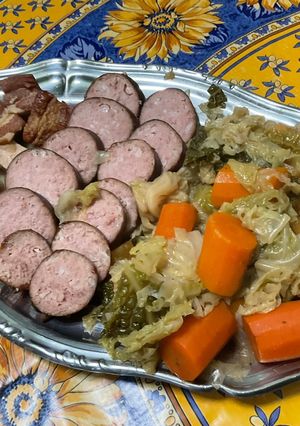 A picture of Cabbage Stew with Smoked Sausage, Bacon, Carrots, and Turnips.