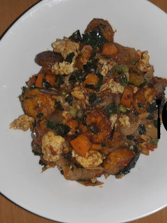 A picture of Steamed veggies+Moringa+Fry plantain+scramble egg and fish sauce.