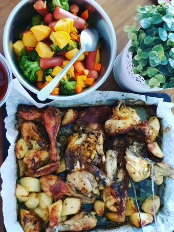 Easy Steps to Prepare Roasted chicken with baked potato &amp; sausages the Perfect You can take Joss in your mouth