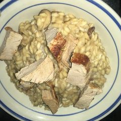A picture of Mushroom risotto with pork.