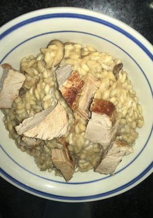 A picture of Mushroom risotto with pork.