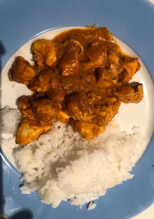 A picture of Chicken curry and rice.
