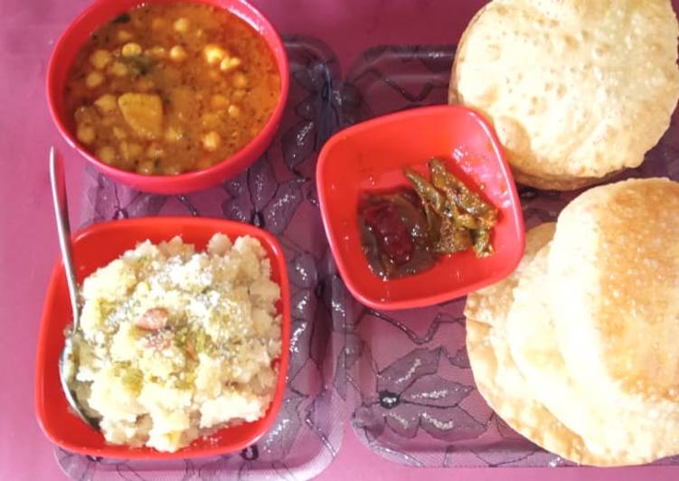 Simple Way to Make Quick Chick peas potato halwa poori