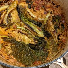A picture of Caramelised Savoy cabbage with tomato and beans.