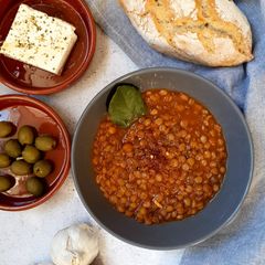 A picture of Greek lentil soup.
