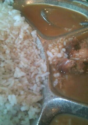 A picture of Beef stew and rice.
