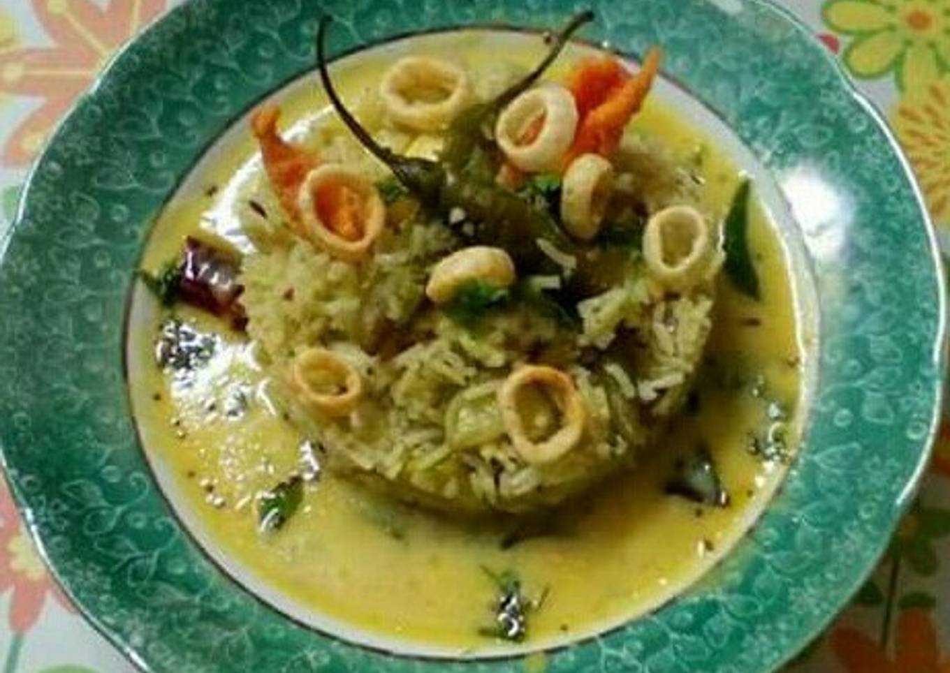 Mango kadhi with green pulao