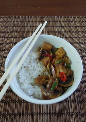 Foto resep rice bowl chicken champignon teriyaki