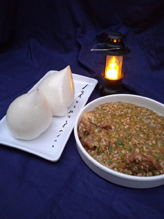 A picture of Tuwo with Okro soup.