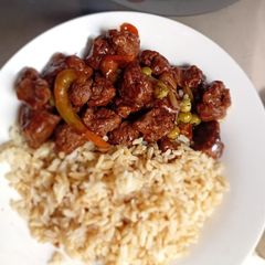A picture of Vegan Soy Stir-Fry with Brown Rice.