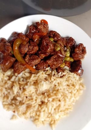 A picture of Vegan Soy Stir-Fry with Brown Rice.