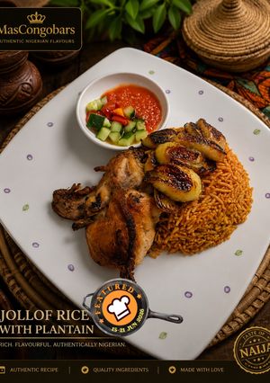 Gambar Jollof Rice with Fried Chicken & Plantain
