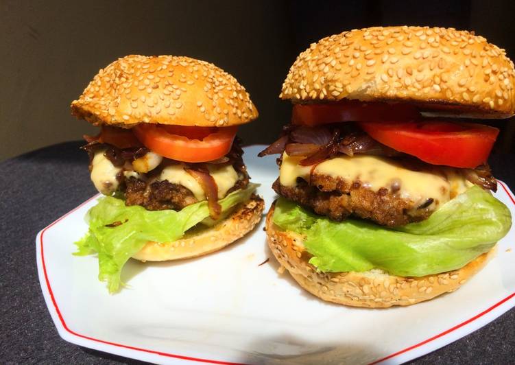 Juicy homemade burgers-with caramelized onions
