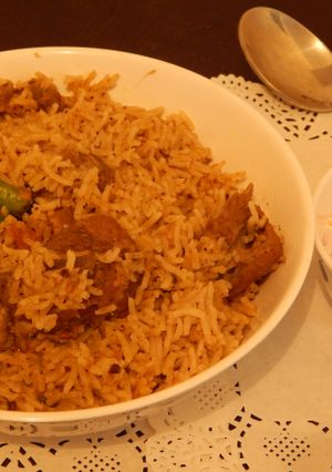 A picture of Chettinadu mutton biryani.