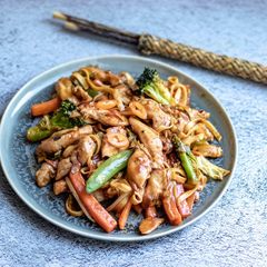 Easy homemade stir fry sweet chilli chicken with egg noodles A picture of Easy homemade stir fry sweet chilli chicken with egg noodles.