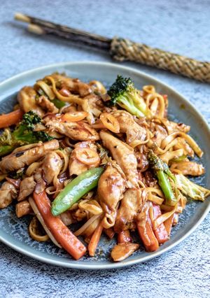A picture of Easy homemade stir fry sweet chilli chicken with egg noodles.