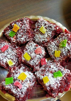 A picture of Coconut beetroot barfi.