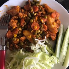 Steam veggies with tikka chicken A picture of Steam veggies with tikka chicken.