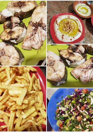 صورة لوصفة سمك زرزور مشوي مع حمص متبل + فتوش + بطاطا مقلية
