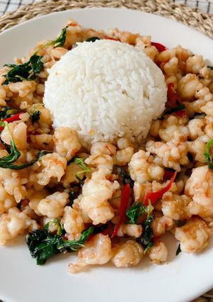 A picture of Cooking Thai 5 Minutes Recipe Spicy Shrimp “ Pad Kra Pao Goong Sub “|ThaiChef Food.