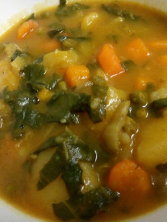 A picture of Potato, matoke and peas stew/soup.