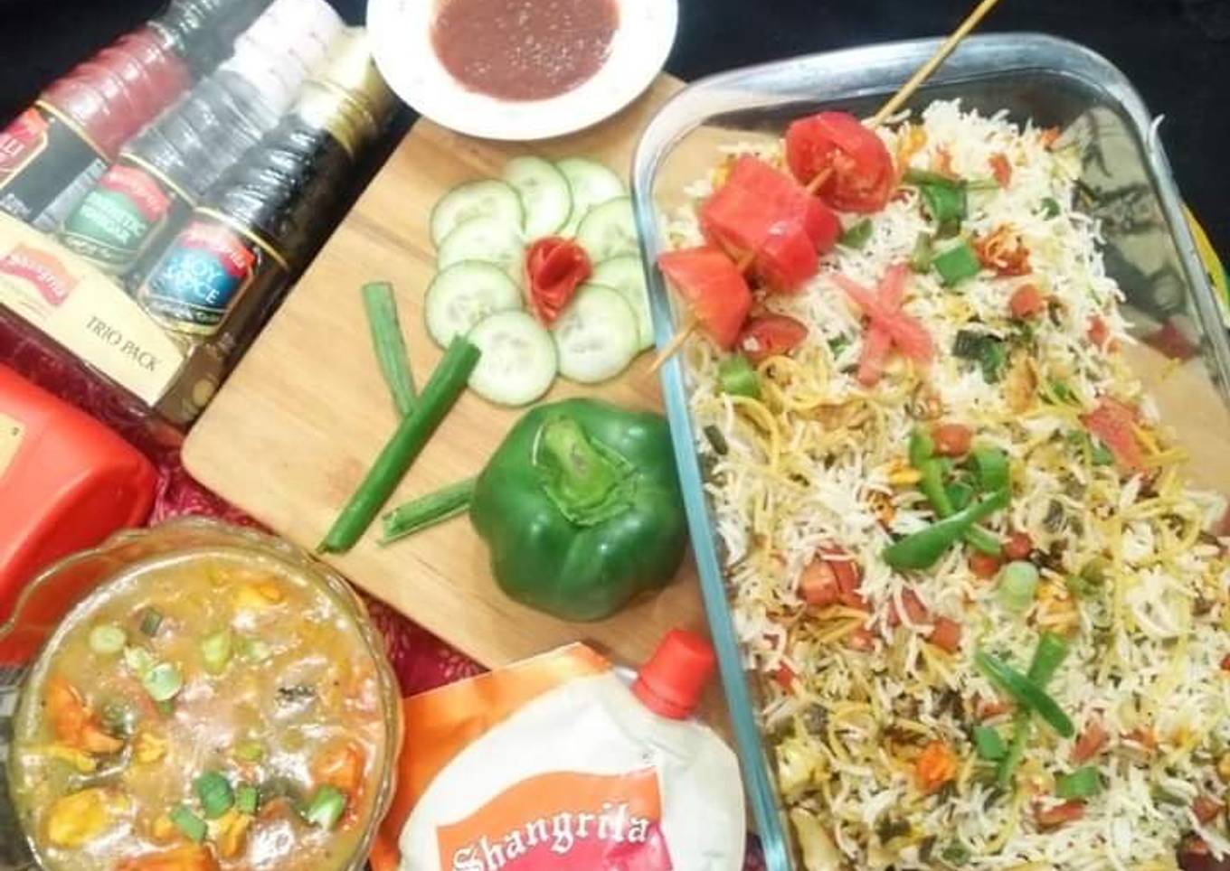Fried chicken rice with chicken 🍗 chilli