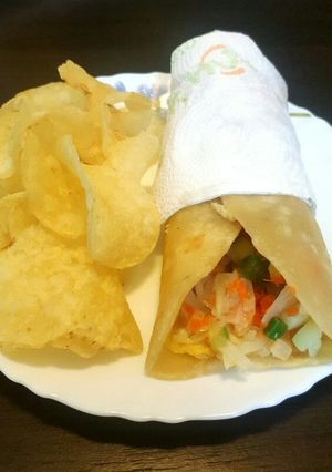 A picture of Egg roll and chips.