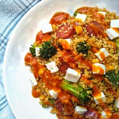 A picture of Bulgur Wheat With Chorizo, Veg & Feta.