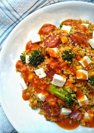 A picture of Bulgur Wheat With Chorizo, Veg & Feta.