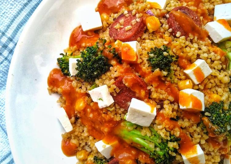 Steps to Make Super Quick Homemade Bulgur Wheat With Chorizo, Veg &amp; Feta