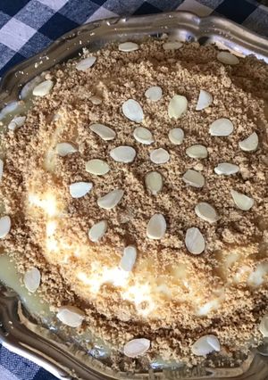 Une photo de Flan vanille chocolat blanc pralin et amandes