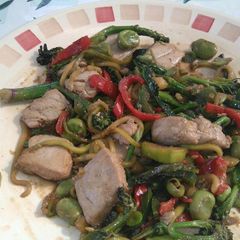 A picture of Tuna ginger stir-fry. (First allotment crop stir fry).