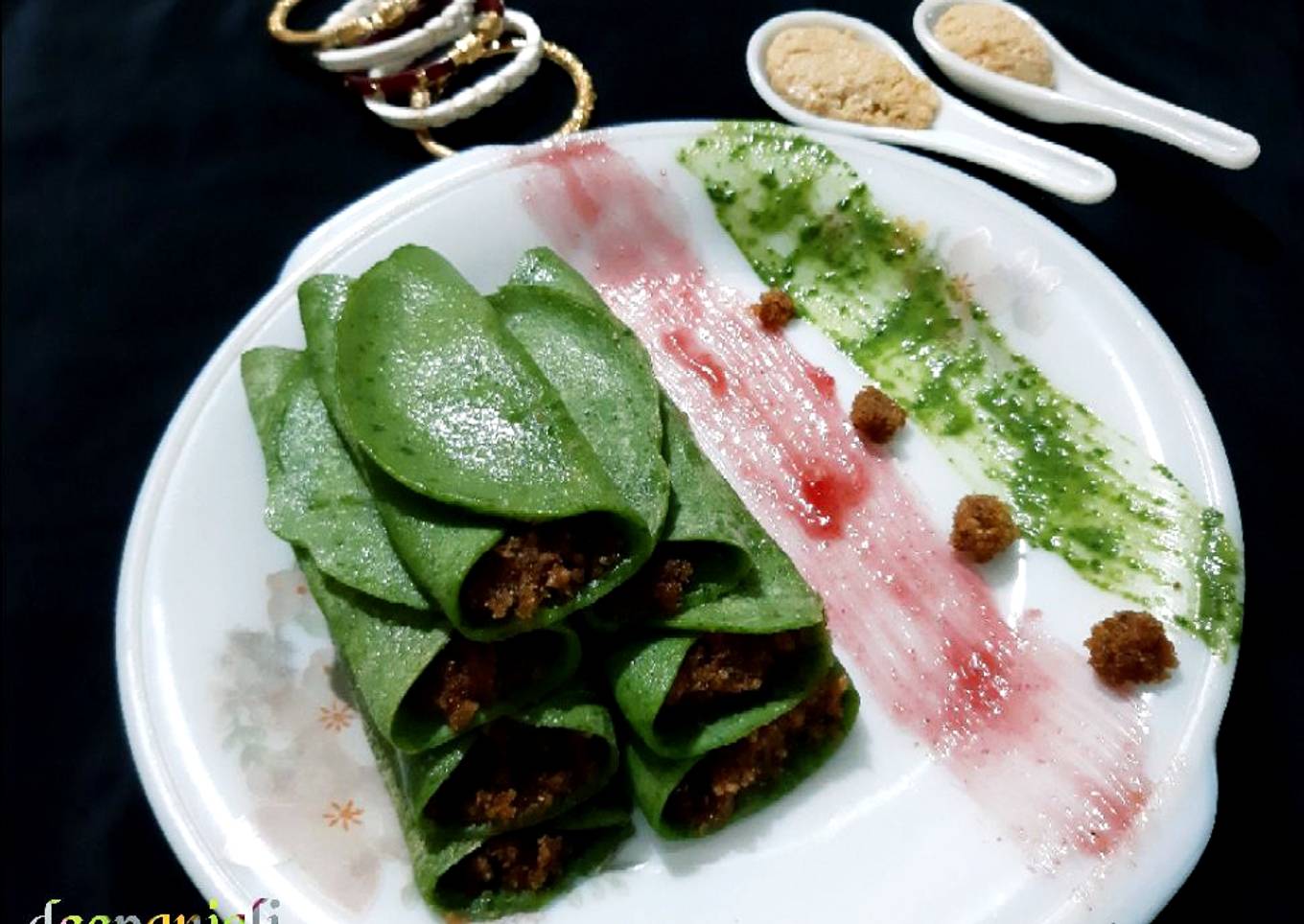 Spinach Patishabta Crepe / Coconut Filled Pancakes