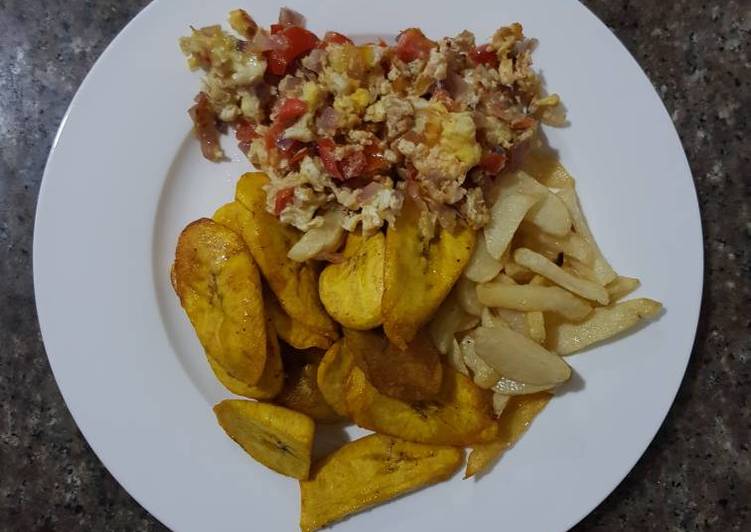 Fried Plantain and Irish Potatoes serve with fried eggs