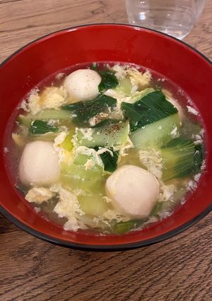 A picture of Just in 15 mins! Chinese style fish ball, bok choy and egg soup.