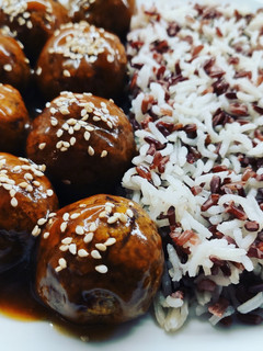 A picture of Red Bean Meatballs with Orange Sauce.
