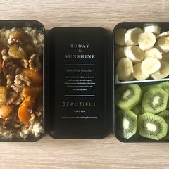 A picture of Oatmeal with Caramelized Bananas and Apricots.