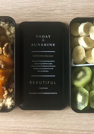 A picture of Oatmeal with Caramelized Bananas and Apricots.