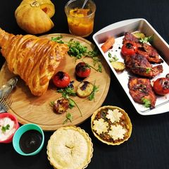 A picture of Cornucopia With Grilled Chicken, Veggies And Mixed Vegetable Pie.